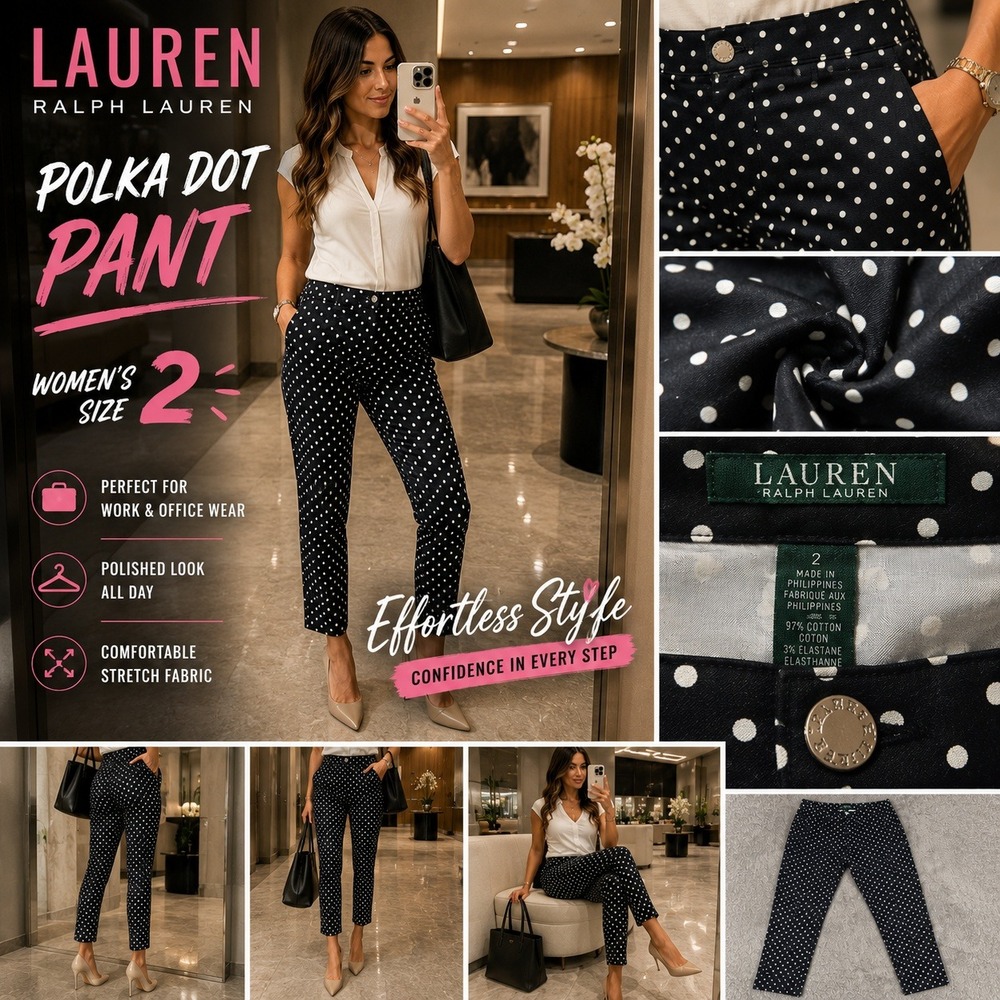 Lauren Ralph Lauren Polka Dot Pants Womens 2 Black White Slim Ankle Stretch